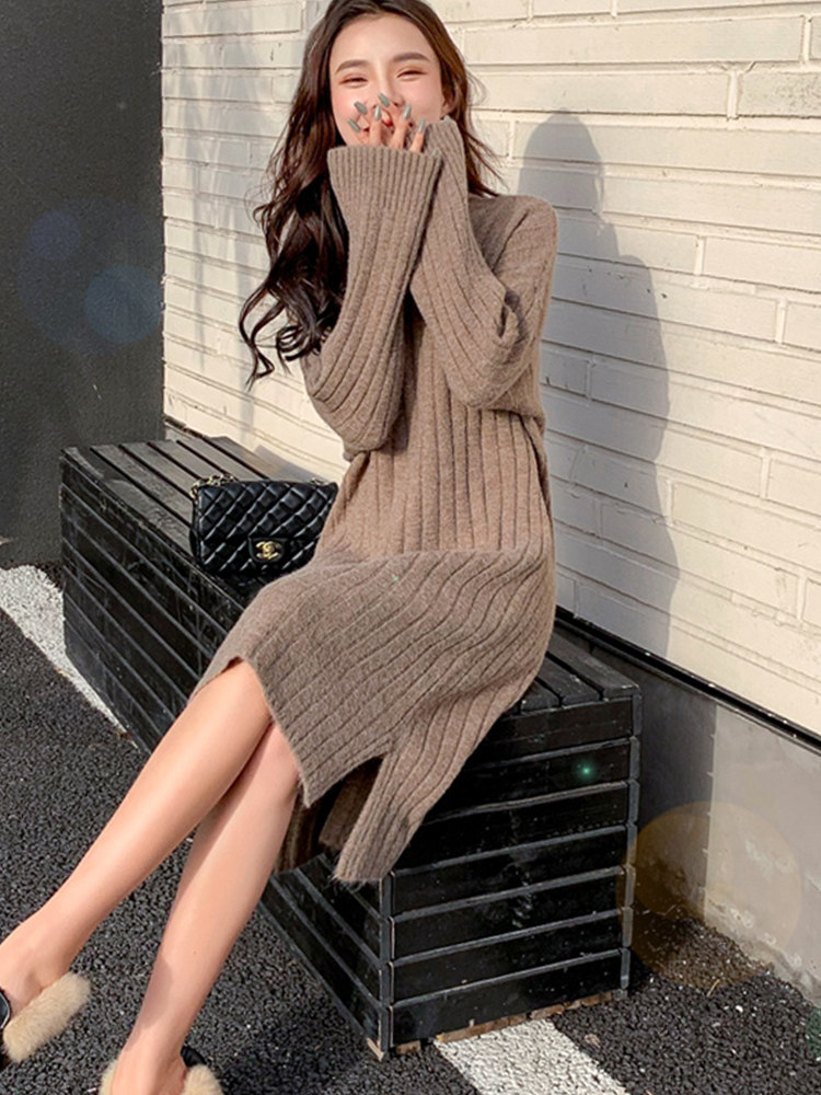 가을 겨울 여성용 니트 드레스 하프 터틀넥 슬릿 중간 길이 코트가 달린 무릎 높이 스웨터 스커트