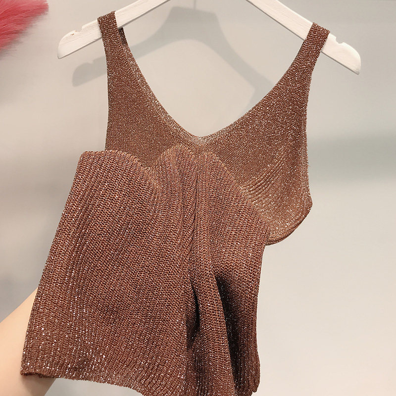 여성용 캐미솔 여름 얼음 실크 니트 밝은 실크 작은 서스펜더 외부 섹시 탑 쇄골 V 넥 바닥 여성 속옷