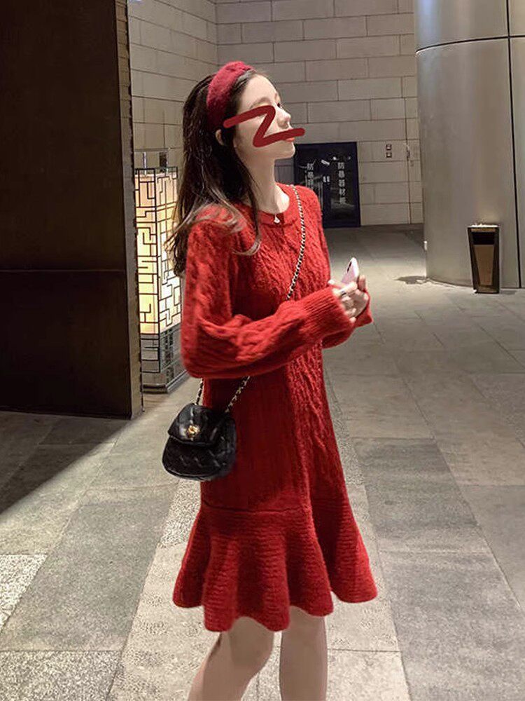 RED SWEATER DRESS WOMENS MID LENGTH LOOSE KOREAN VERSION LAZY STYLE 2024 NEW FALL WINTER LONG SLEEVE KNIT DRESS