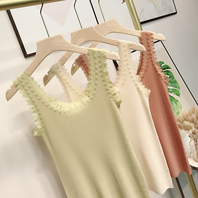 U 자형 낮은 라운드 넥 레이스 조끼 여성 여름 섹시한 다목적 솔리드 컬러 간단한 소녀 아이스 실크 니트 민소매 바닥 셔츠