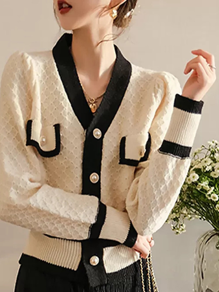 BLACK AND WHITE CONTRASTING V-NECK SINGLE-BREASTED CROPPED KNITTED CARDIGAN WORN OVER AUTUMN AND WINTER A JAPANESE LAZY SWEATER JACKET