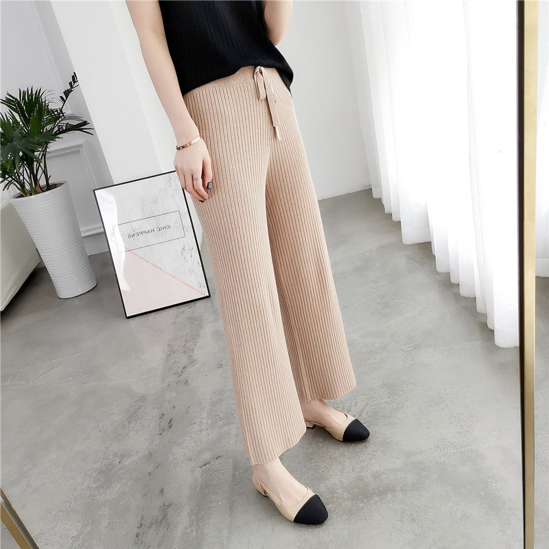 아이스 실크 니트 와이드 팬츠 여름 얇은 하이웨이스트 스트레이트 팬츠 루즈하고 슬림한 홍콩 스타일 만능 기질 9부 팬츠