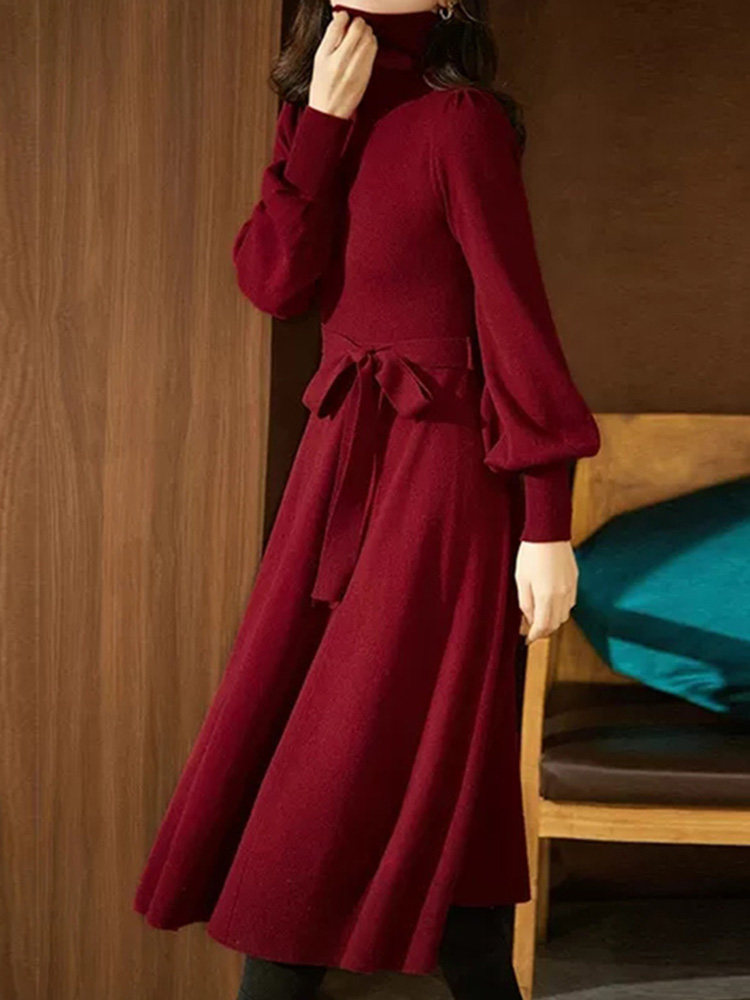 RED HIGH NECK KNITTED DRESS WOMENS FALL WINTER 2024 NEW VINTAGE LAZY WIND BALLOON SLEEVE BASE SWEATER DRESS