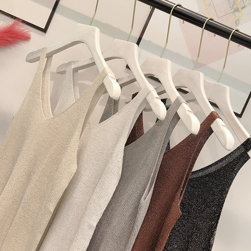 여성용 캐미솔 여름 얼음 실크 니트 밝은 실크 작은 서스펜더 외부 섹시 탑 쇄골 V 넥 바닥 여성 속옷