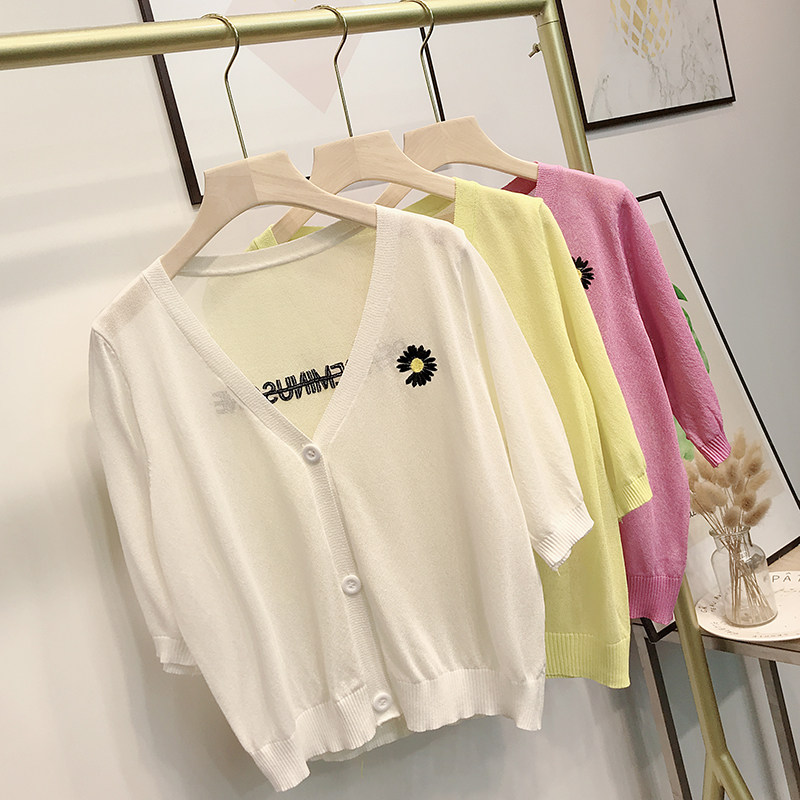 리틀 데이지 솔리드 컬러 카디건 여성용 V 넥 아이스 실크 스웨터 7|4 소매 여름 얇은 느슨한 에어컨 자외선 차단 의류