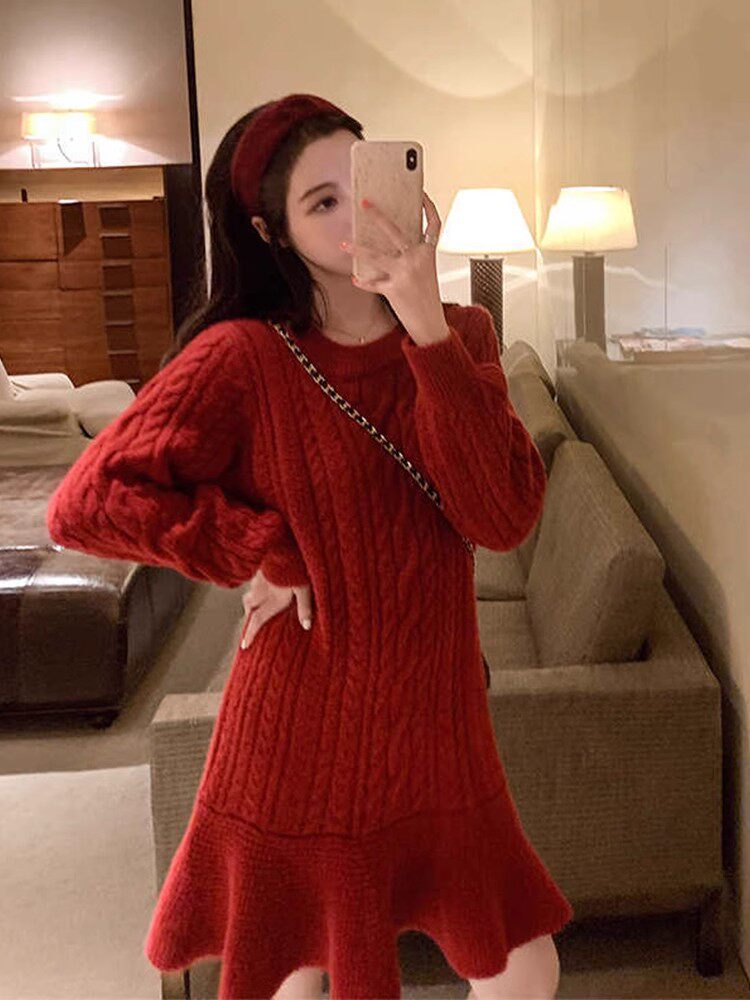 RED SWEATER DRESS WOMENS MID LENGTH LOOSE KOREAN VERSION LAZY STYLE 2024 NEW FALL WINTER LONG SLEEVE KNIT DRESS