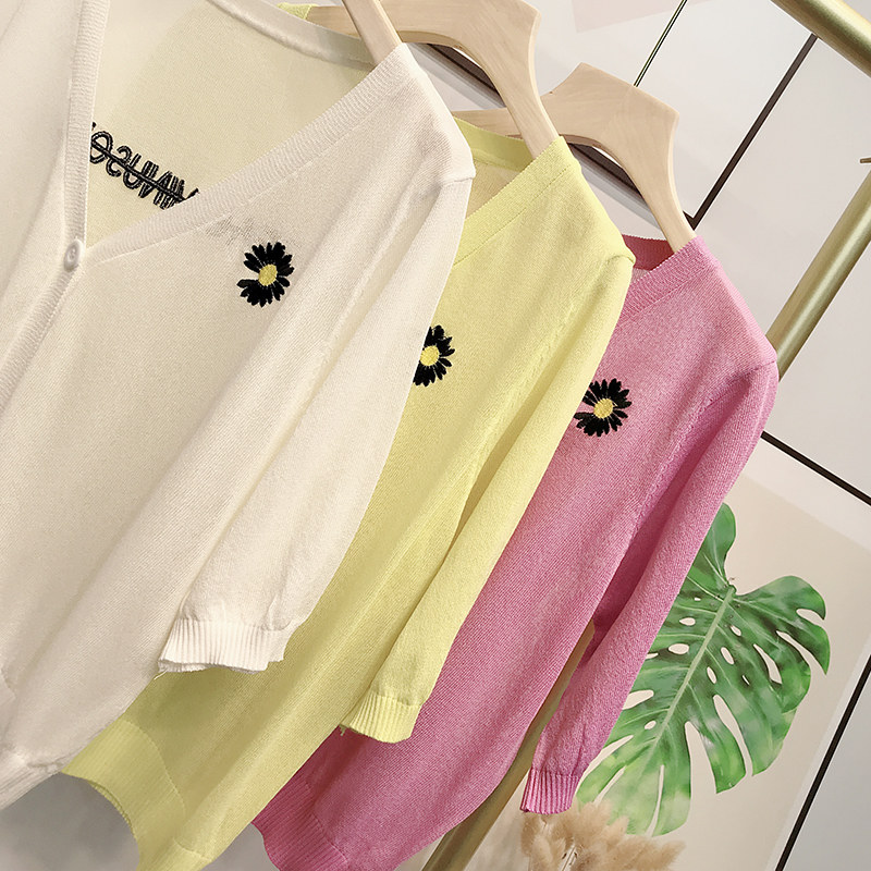 리틀 데이지 솔리드 컬러 카디건 여성용 V 넥 아이스 실크 스웨터 7|4 소매 여름 얇은 느슨한 에어컨 자외선 차단 의류