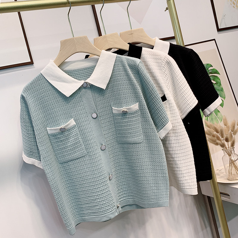 폴로 셔츠 옷깃 반팔 티셔츠 여성용 느슨한 얇은 여름 V 넥 아이스 실크 스웨터 중공 버튼 쇼트 탑