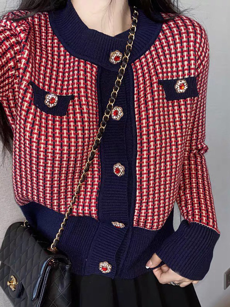 AUTUMN AND WINTER RETRO HOUNDSTOOTH CONTRAST KNIT SLOUCHY SWEATER CARDIGAN WOMENS WEAR LOOSE SHORT SMALL FRAGRANCE JACKET