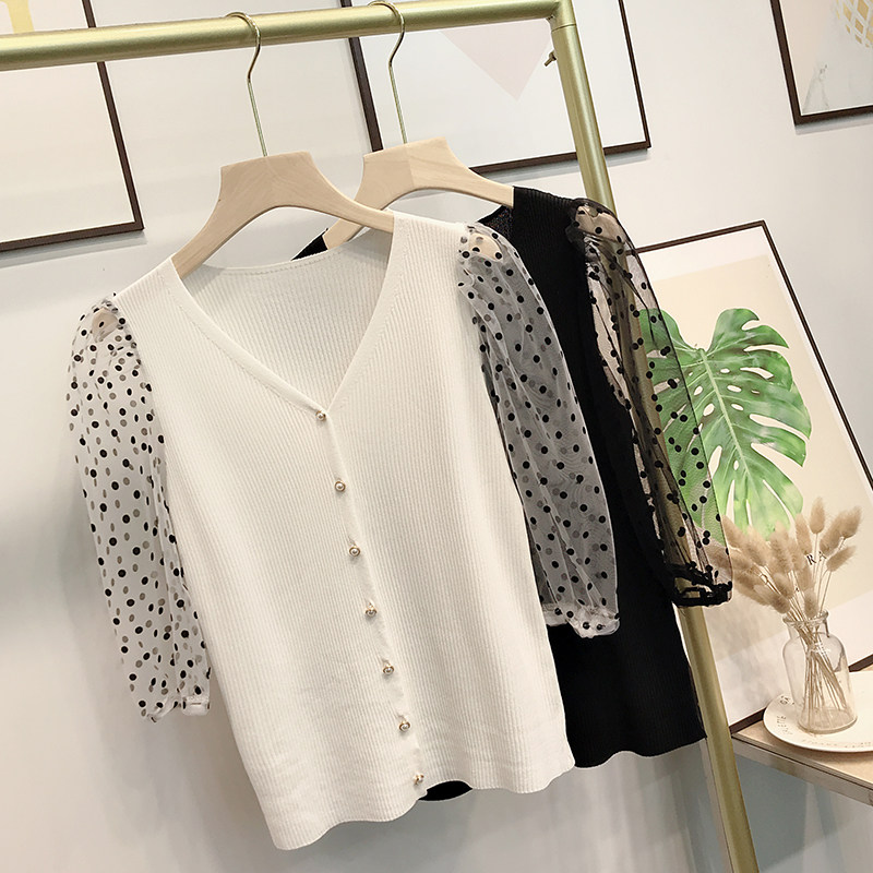 여름 아이스 실크 퍼프 슬리브 스플 라이스 탑 중공 니트 레이디스 다목적 루즈 얇은 풀오버 가디건