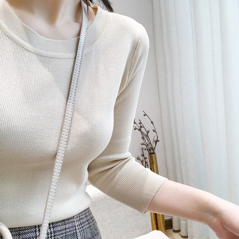 2024 가을 겨울 새로운 아이스 실크 스웨터 슬림핏 탑 7부 소매 얇은 다용도 라운드 넥 바닥 셔츠 여성용