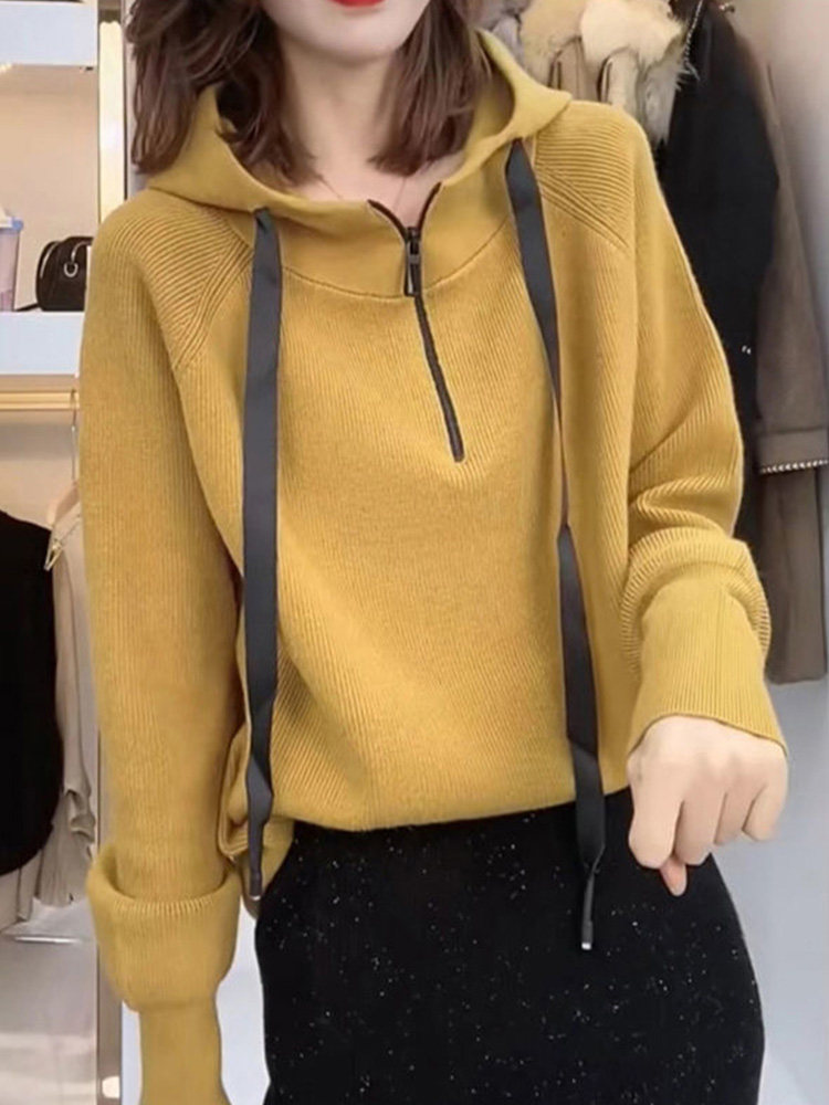 2024 AUTUMN CLOTHES NEW LONG SLEEVE HOODED PULLOVER KNIT SHORT LOOSE LUXURY CASUAL SWEATER WOMENS JACKET WINTER