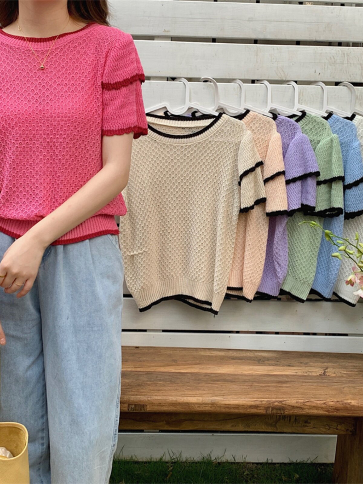 여성용 여름 얼음 실크 중공 스웨터 느슨한 트위스트 짧은 소매 라운드 넥 풀오버 솔리드 컬러 단순 얇은 반팔 티셔츠