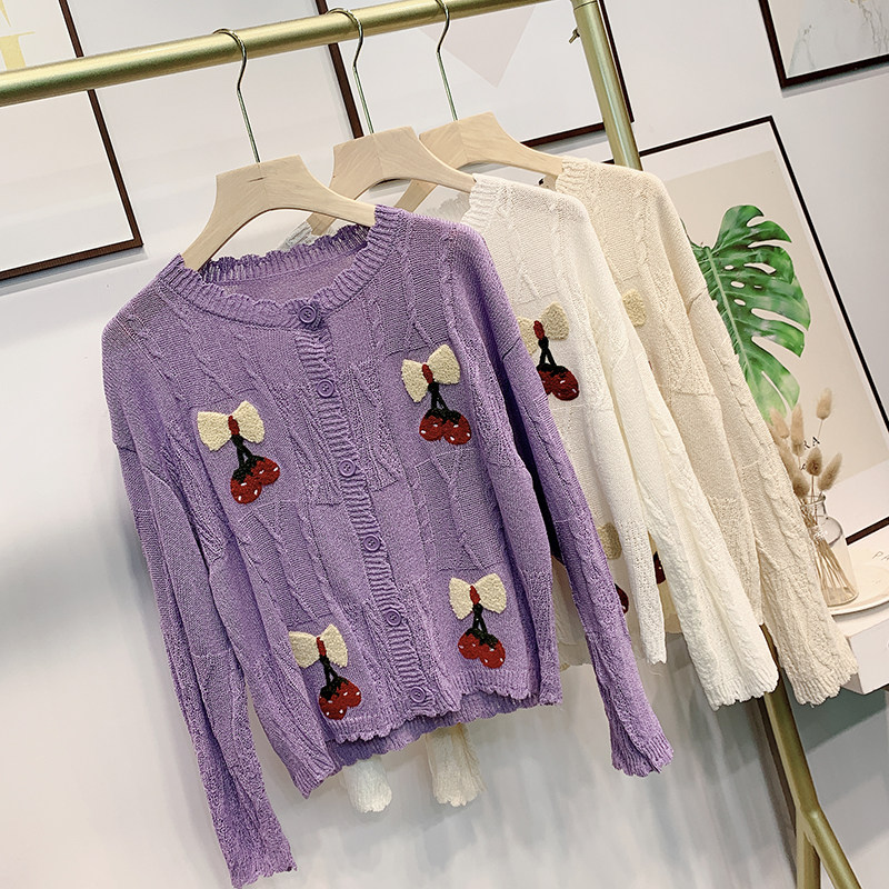 早秋新品花边v领长袖女宽松薄款手钩花樱桃图案短款针织开衫外套