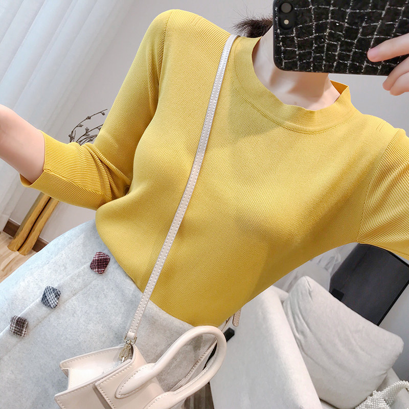 2024 가을 겨울 새로운 아이스 실크 스웨터 슬림핏 탑 7부 소매 얇은 다용도 라운드 넥 바닥 셔츠 여성용