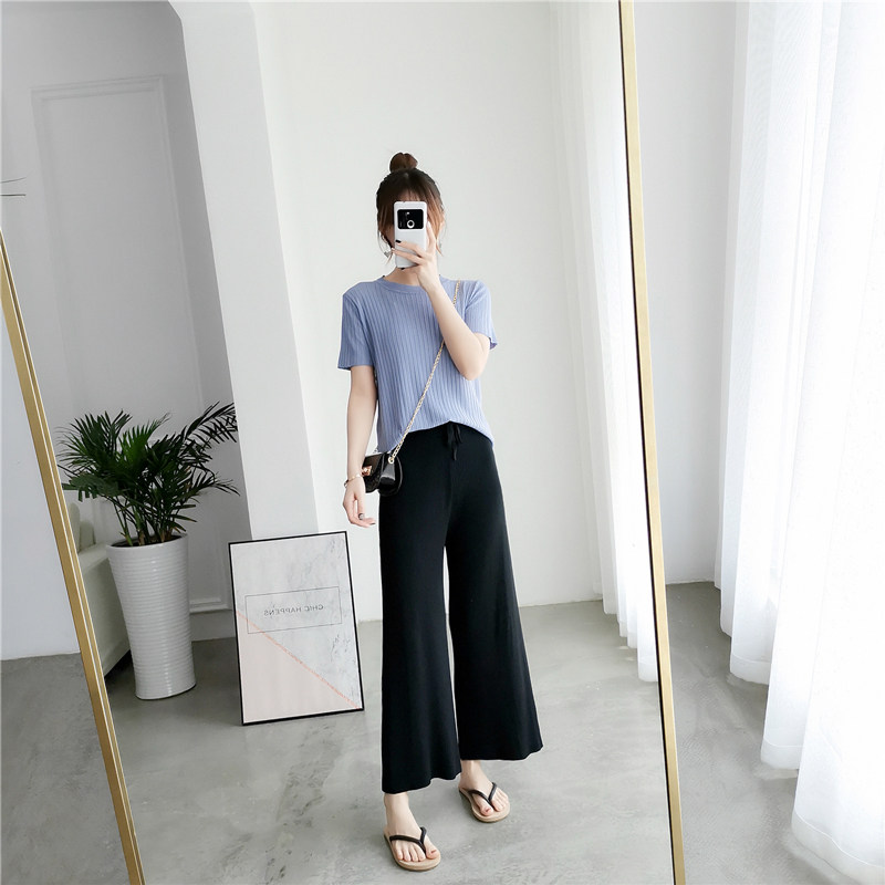 아이스 실크 니트 와이드 팬츠 여름 얇은 하이웨이스트 스트레이트 팬츠 루즈하고 슬림한 홍콩 스타일 만능 기질 9부 팬츠