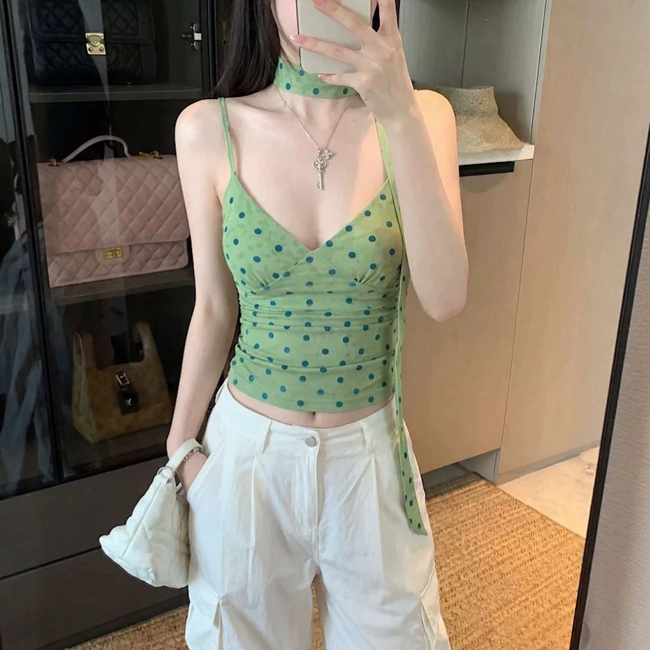 多巴胺穿搭绿色V领波点吊