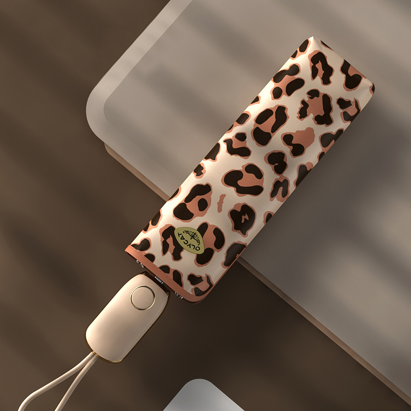 超轻三折叠全自动黑胶防晒防紫外线UPF50+精致豹纹遮阳晴雨伞两用