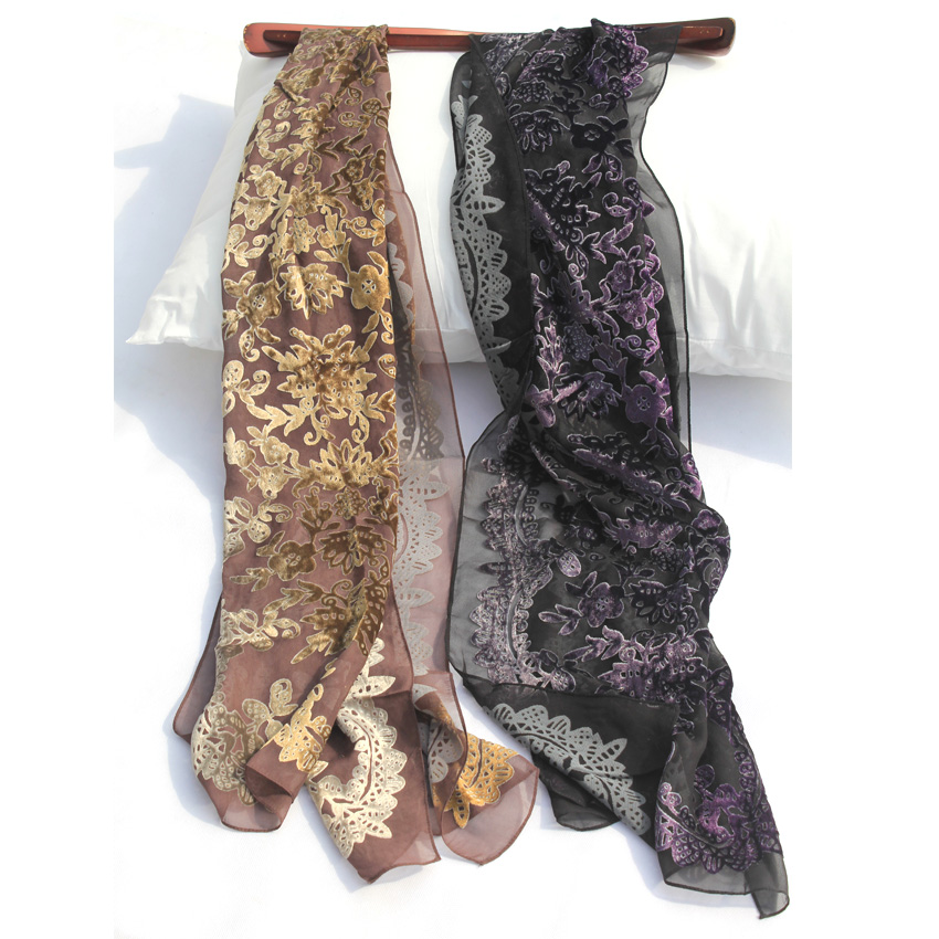 单层真丝绒围巾 桑蚕丝丝巾长款真丝围巾烂花绒35*170厘米薄款