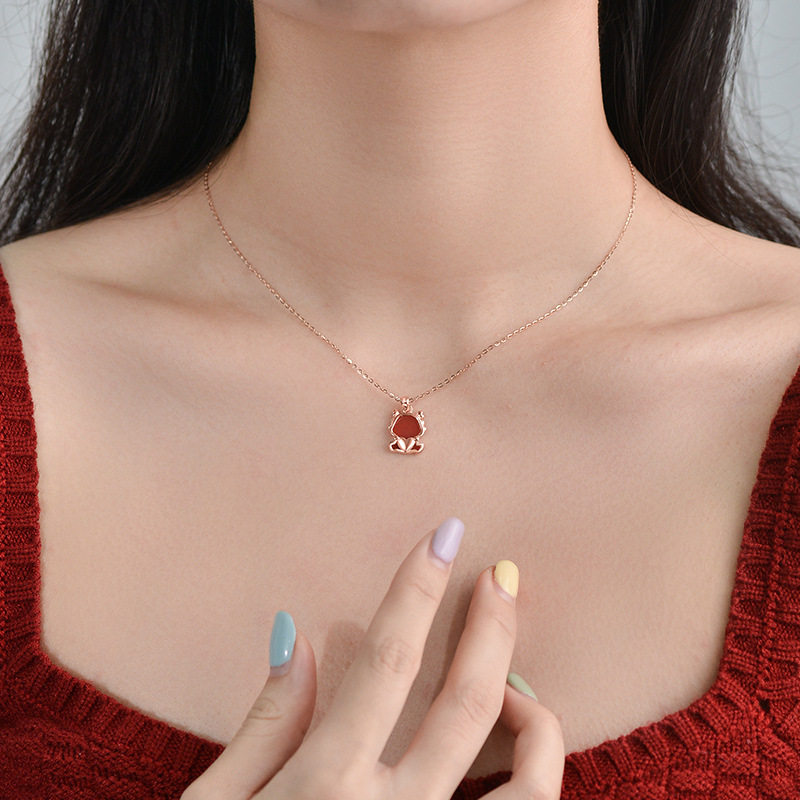 S925纯银红色爱心项链女中国风小众龙年本命年吊坠情人节生日礼物