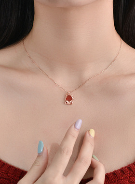 S925纯银红色爱心项链女中国风小众龙年本命年吊坠情人节生日礼物