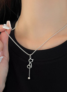 纯银可爱猫咪流苏项链女款动物吊坠情人节情人节520送女友礼物