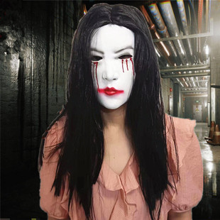 长发流血面具鬼屋NPC装扮烂脸头套恐怖女服饰密室逃脱万圣节道具