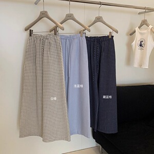 十三行韩版格子宽松阔腿裤小众女士褶皱显瘦慵懒风休闲长裤松紧腰