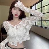 短款 白色防晒衣蕾丝开衫 外搭披肩镂空微透长袖 薄款 上衣 外套女夏季