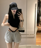 潮 辣妹风松紧腰贴标收腰宽松阔腿休闲热裤 设计感高腰短裤 女23夏季