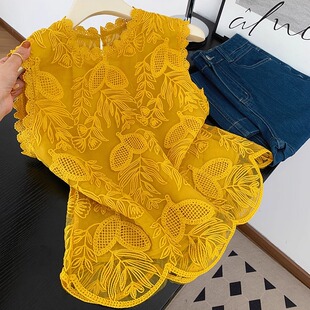 法式轻奢高级感镂空钩花刺绣背心女夏季蕾丝拼接宽松圆领无袖上衣