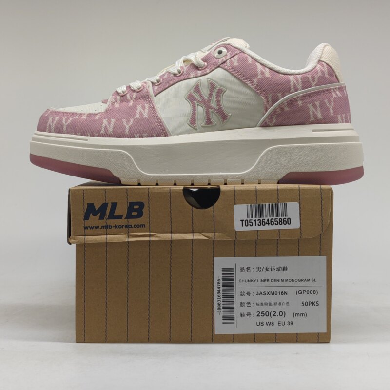 MLB正品女厚底增高粉色老花板鞋