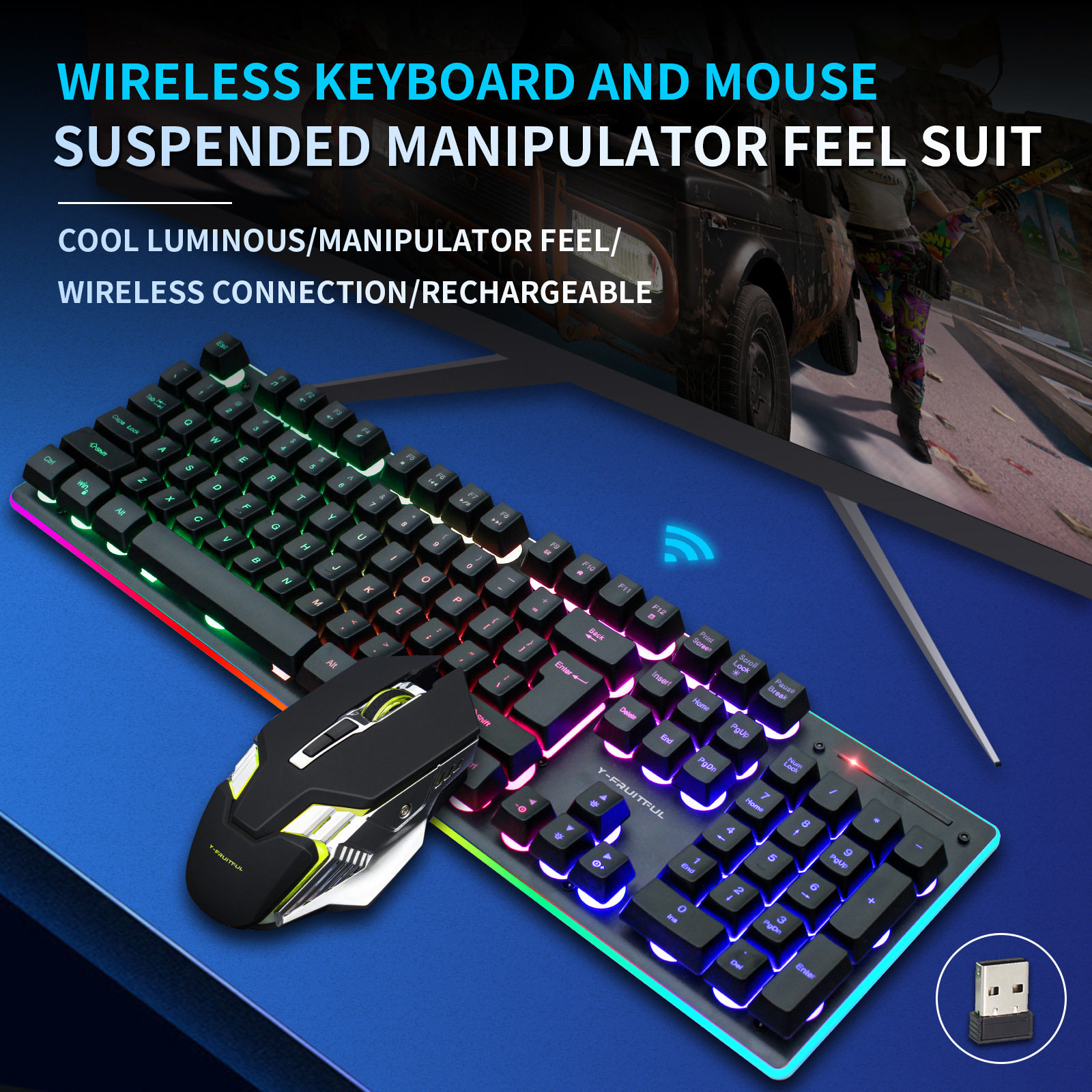 2.4G Rechargeable Wireless Gaming Keyboard and Mouse RGB键盘