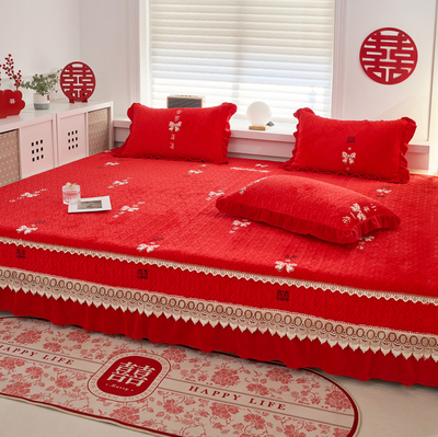 红色牛奶绒榻榻米专用床盖四件套农村大炕盖三件套3米大通铺床单