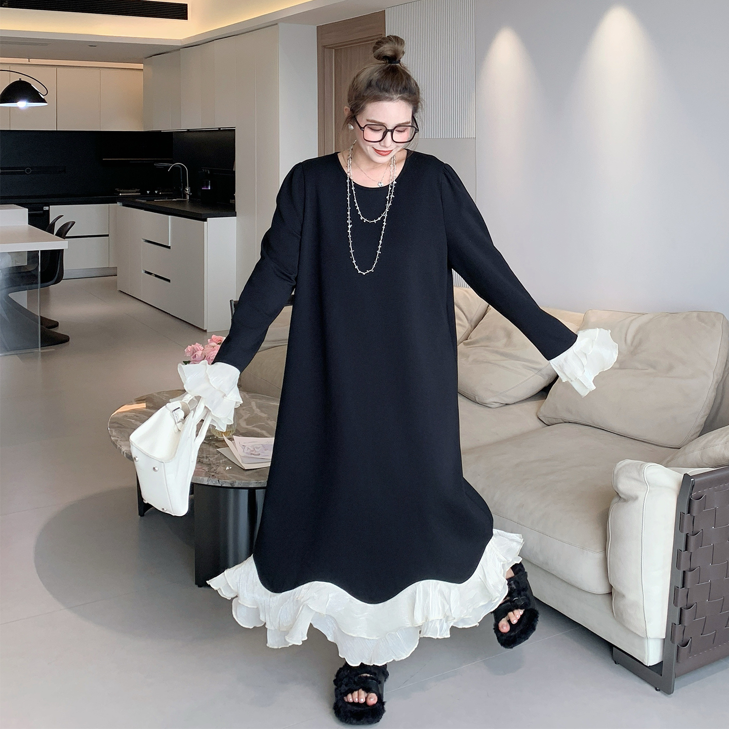 媛子家大码秋季新款胖mm宽松时尚百搭显瘦喇叭拼接设计连衣裙