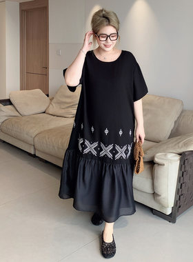 媛子家大码夏季气质宽松显瘦休闲胖mm简约刺绣拼接鱼尾连衣裙女