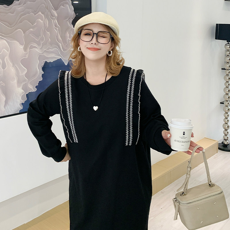 媛子家大码秋季新款遮肉显瘦连衣裙圆领设计感木耳边宽松遮肚长裙,女装/女士精品,大码连衣裙,淘宝优惠券,粉丝福利购,淘宝优惠卷