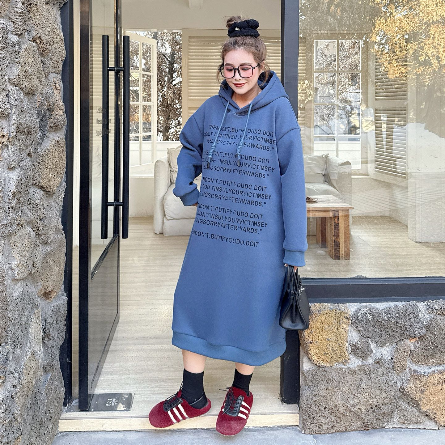 【年末6折】媛子大码冬季字母印花宽松加绒连衣裙胖mm连帽卫衣裙