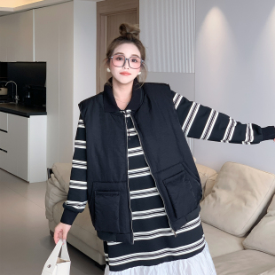 百搭无袖 简约通勤休闲条纹宽松时尚 棉服马甲外套女 秋季 媛子家大码