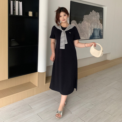 媛子家大码夏季高级感韩版宽松胖mm通勤纯色带披肩200斤连衣裙女