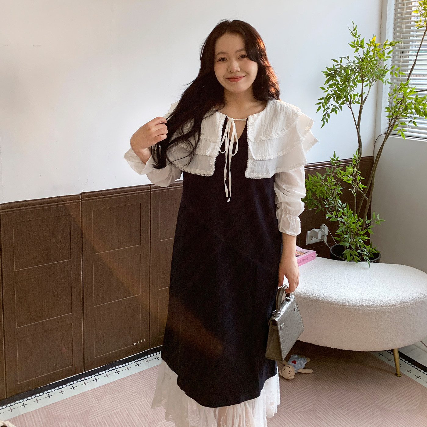 媛子家大码秋季通勤宽松遮肉显瘦胖mm荷叶领系带撞色蕾丝连衣裙女