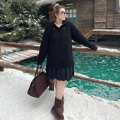 胖mm连帽毛绒蕾丝拼接假两件连衣裙女 冬季 年末7折 媛子家大码