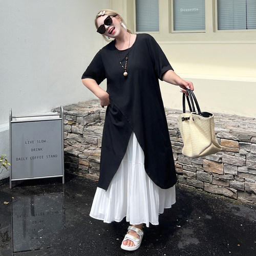 媛子家大码夏季大开叉黑长T恤休闲宽松显瘦遮肉黑色上衣半身裙女