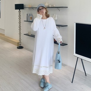 百搭宽松连衣裙 媛子家大码 女装 秋季 胖mm打底显瘦甜美蕾丝拼接长袖