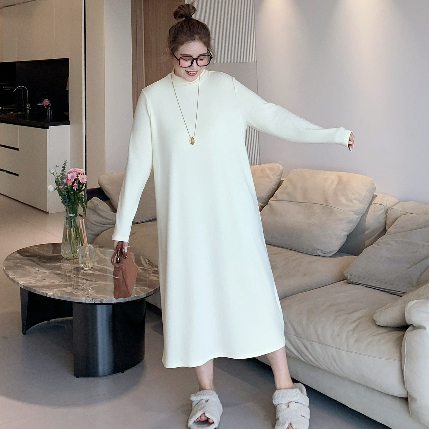 【新品折上折】媛子家大码秋冬胖mm打底百搭加厚纯色半高领连衣裙