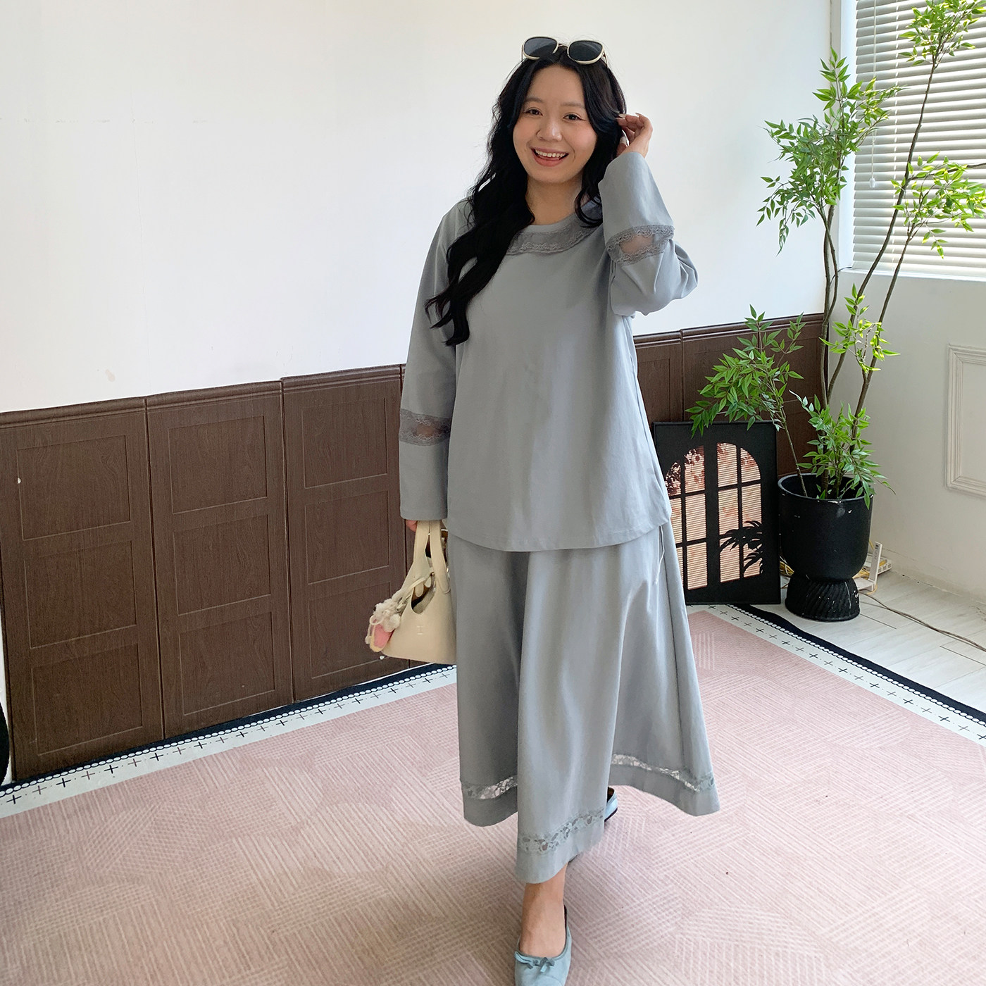 媛子家大码秋季通勤宽松遮肉显瘦胖mm甜美蕾丝上衣+半身裙套装女