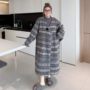 媛子家大码秋冬款通勤V领长袖休闲宽松百搭胖mm提花长款大衣外套