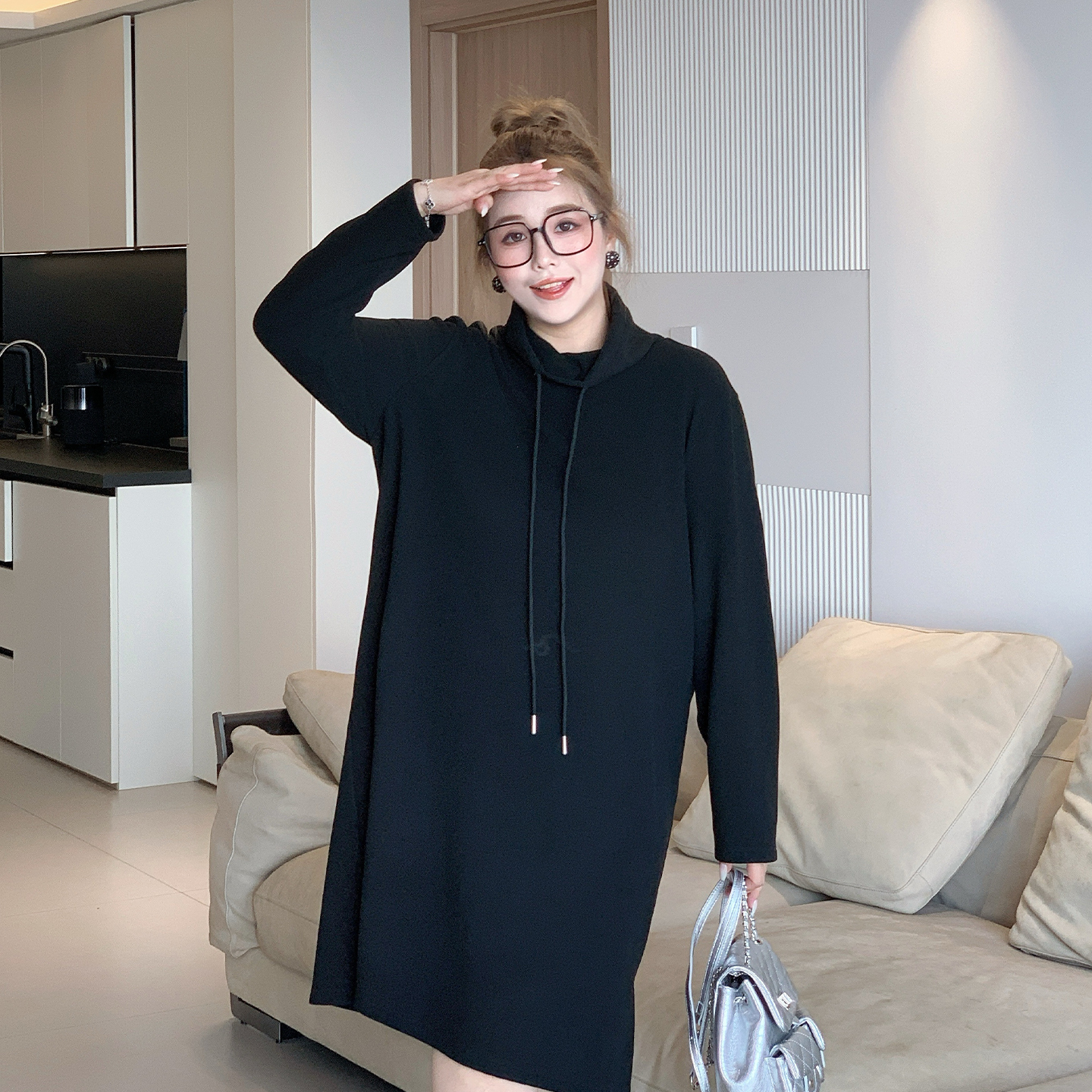 媛子家大码季冬宽松加厚连衣裙胖mm纯色卫衣裙女