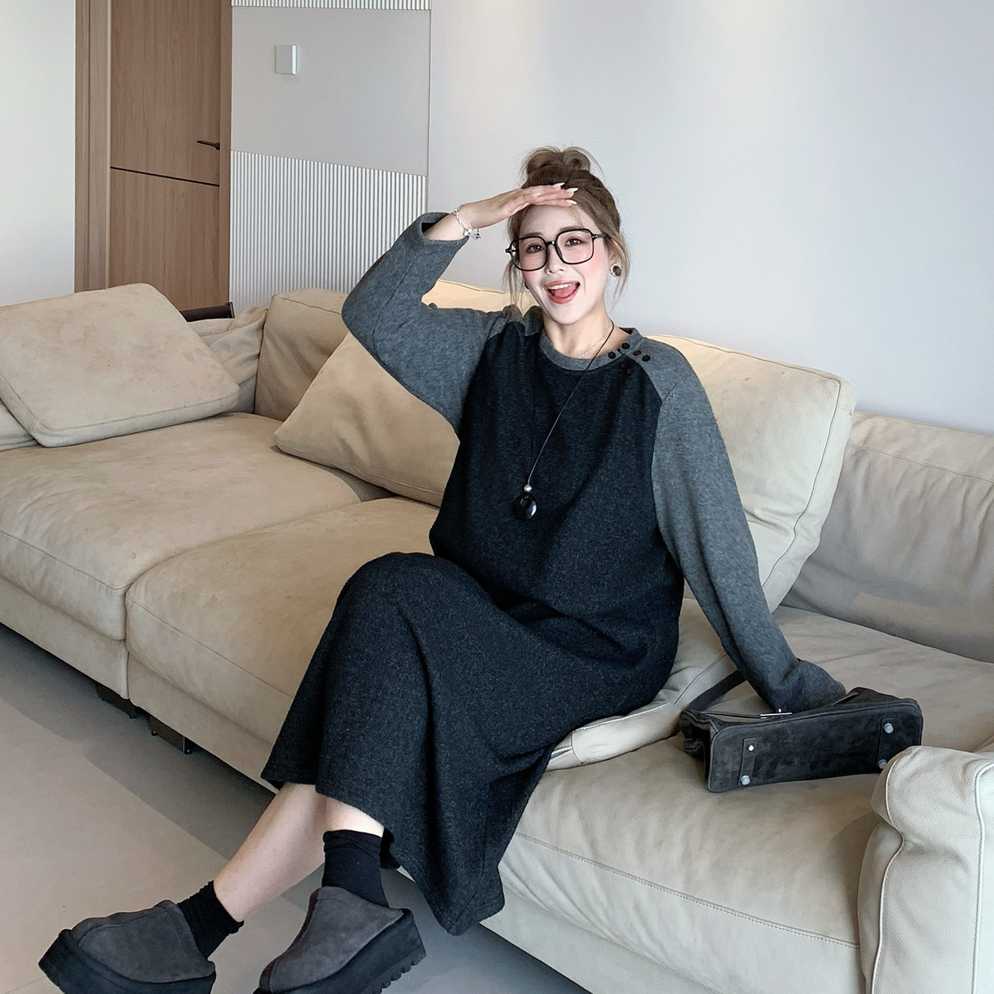 【上新限时85折】媛子家大码冬季宽松百搭胖mm拼接加厚连衣裙女