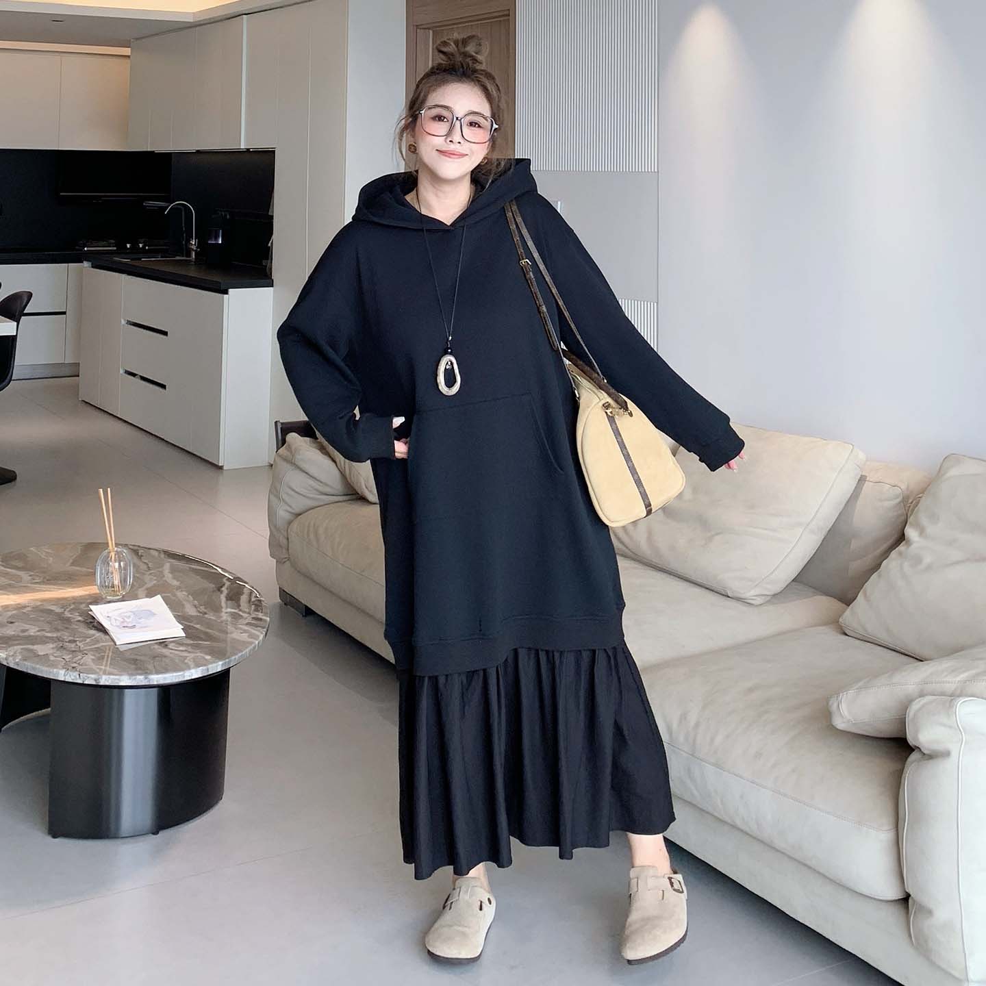 媛子家大码秋季新款胖mm宽松时尚百搭宽松显瘦拼接连帽连衣裙